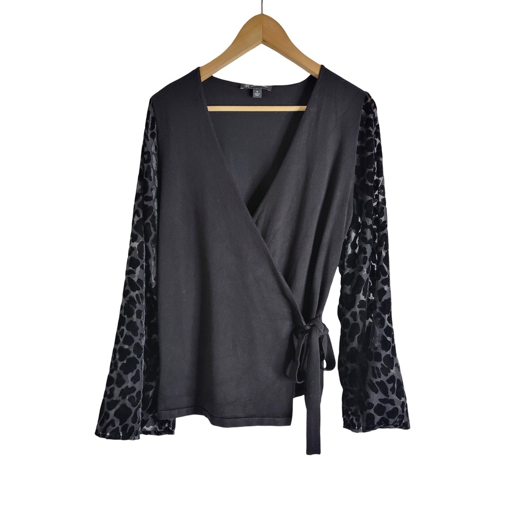 INC Black Wrap Top Velvet Leopard Burnout Sleeves M Dark Elegance Chic Gothic